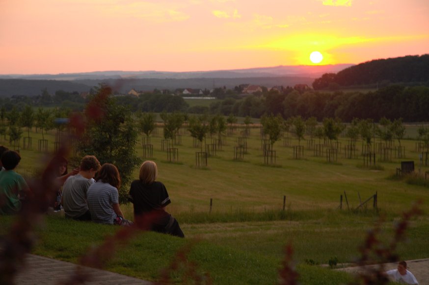 Deelnemers taalreis Duitsland zitten 's avonds in de natuur, bewonderen een eclatante zonsondergang