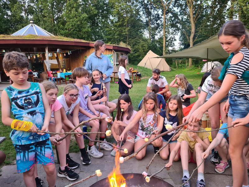 kinderen roosteren een marshmallow aan een stok boven het kampvuur tijdens een jongerenvakantie nederland