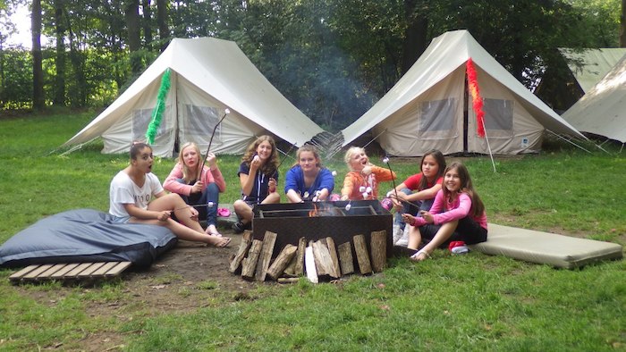 Meisjes zitten aan kampvuur, roosteren marshmallows tijdens boerderijvakantie kinderen.