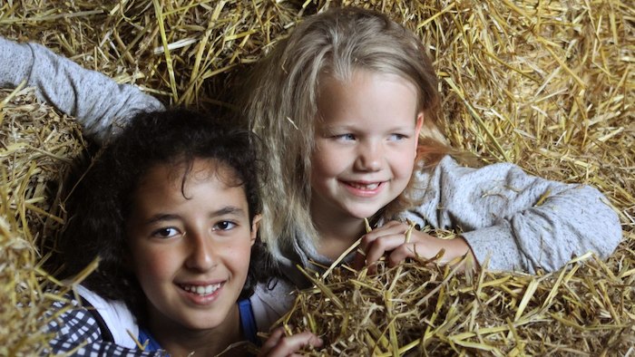 Meisjes in het stro tijdens het ponykamp