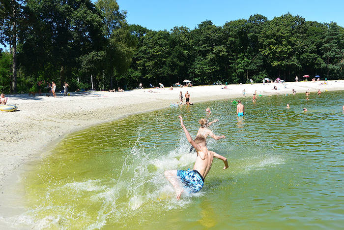 Jongeren in de zwemvijver tijdens het gamekamp in Drenthe.