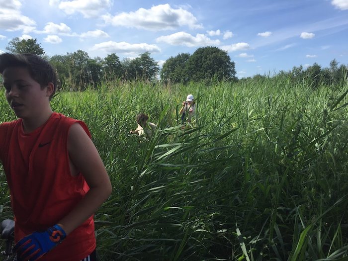 Jongen in rood shirt loopt door hoge gras in Overijssel op zomerkamp nederland