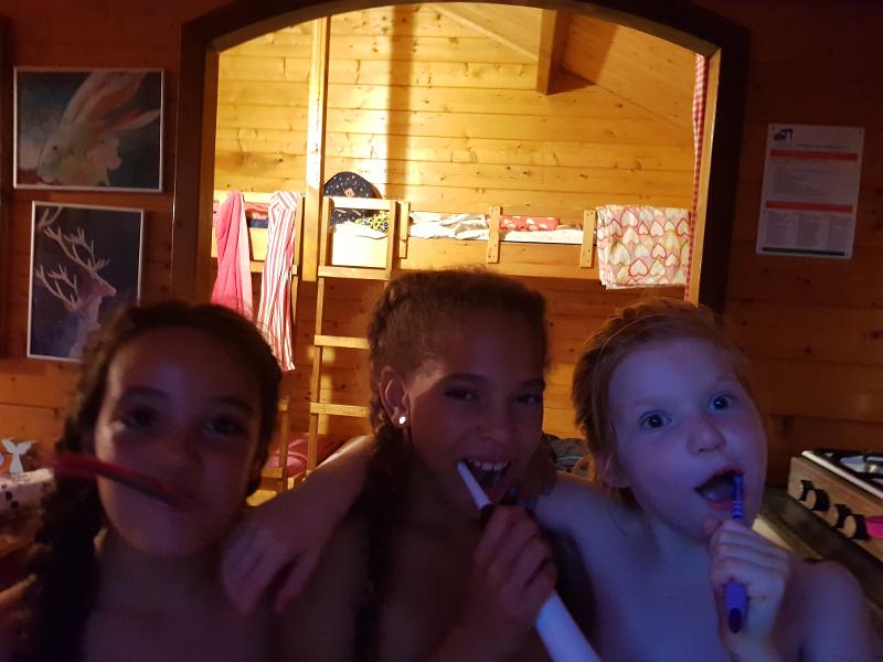 meisjes maken foto terwijl ze tanden poetsen op zomerkamp nederland girl camp