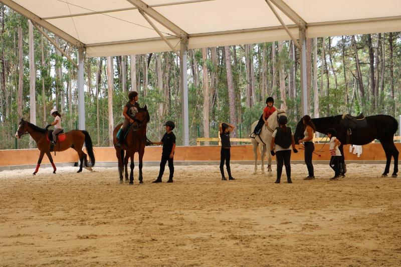Lessen volgen tijdens een ponykamp aan zee in portugal