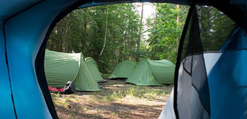 Foto van tenten gemaakt vanuit een tent tijdens een avonturenkamp