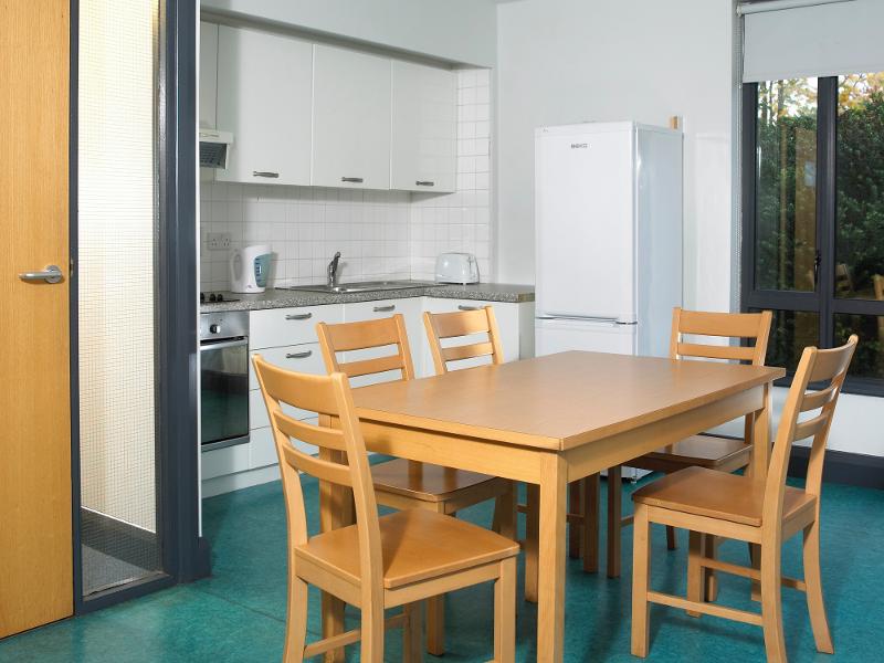 Een keuken met koelkast en tafel en stoelen tijdens een taalreis engels